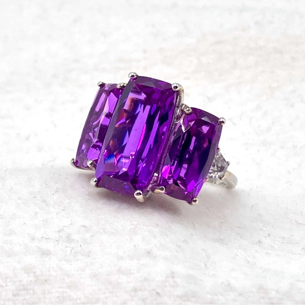 Huge Color Change Lab Sapphire Trilogy Cocktail Ring. Platinum over Sterling - Picture 3 of 16